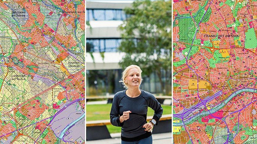 Regionalplan Südhessen Joggende Frau in einer städtischen Umgebung, auch Bäume sind zu sehen