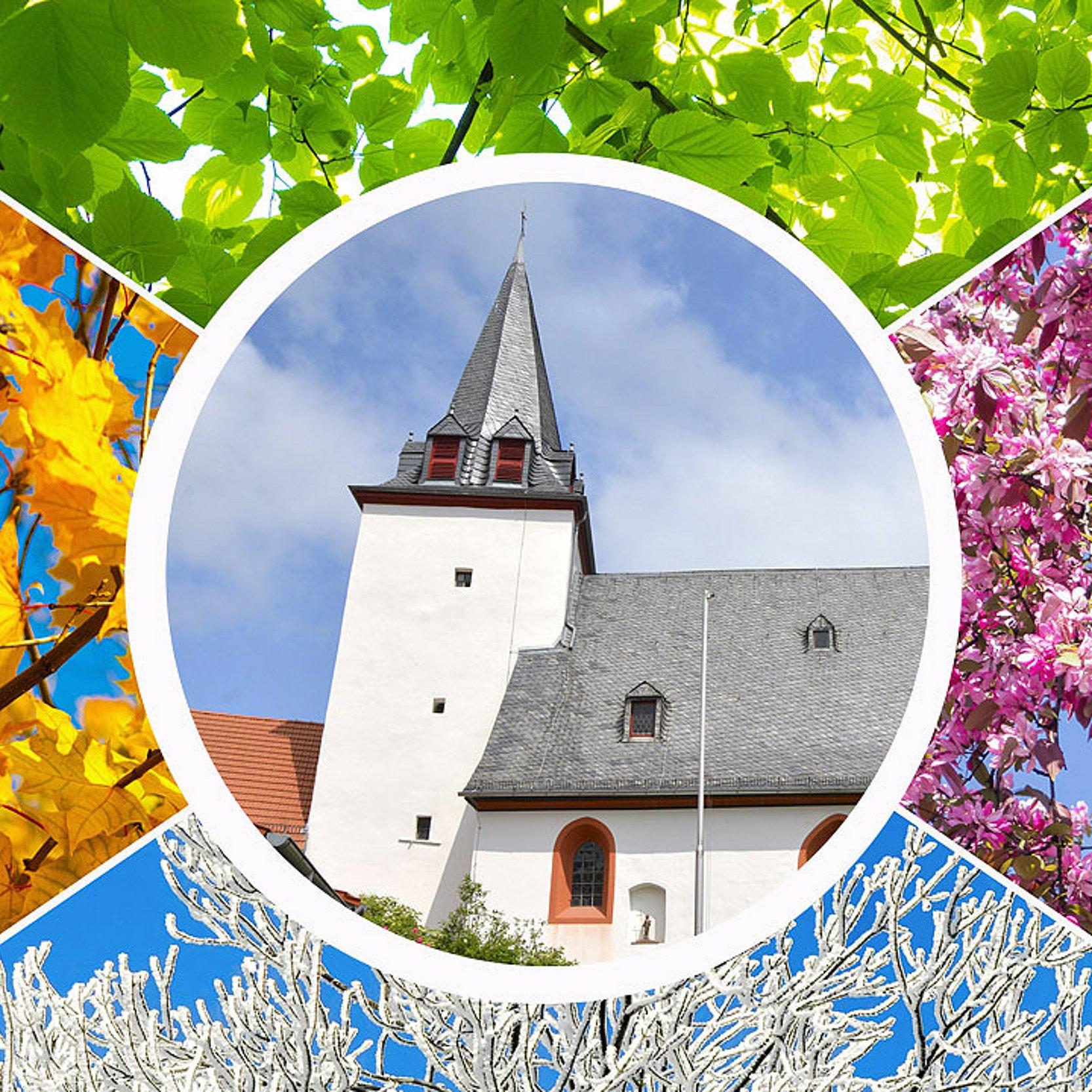 Kirchturm inmitten der 4 Jahreszeiten (rosa Blüten, grüne Blätter, Herbstlaub, verschneite Äste)