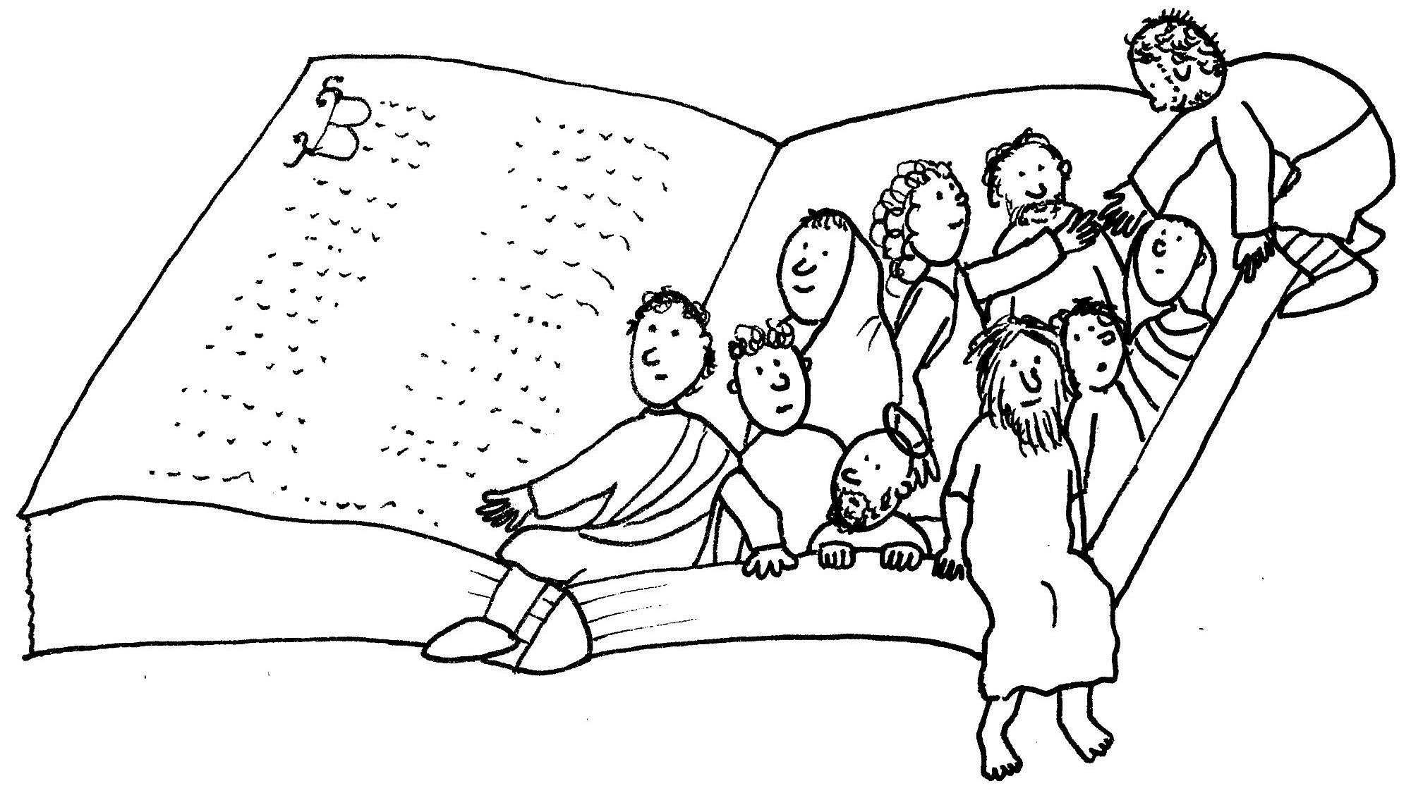 In einer schwarz-weiß-Zeichnung klettern Menschen verschiedenen Geschlechtes und Kinder aus der Bibel.