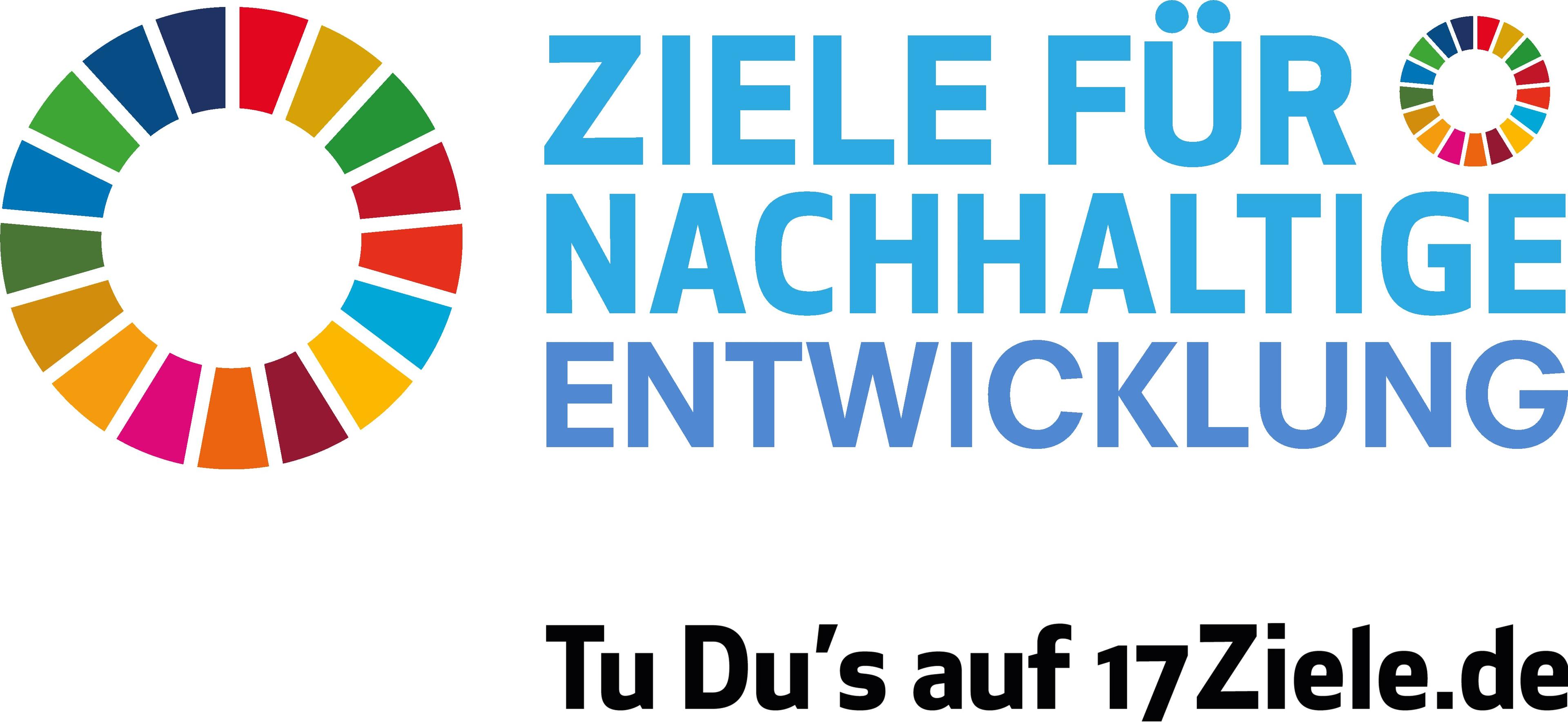 Das Logo von 17ziele.de besitzt einen Kreis auf verschiedenen Farben und rechts neben dem Kreis steht in blau die Schrift: Ziele für nachhaltige Entwicklung, darunter in schwarz: Tu Du's auf 17Ziele.de