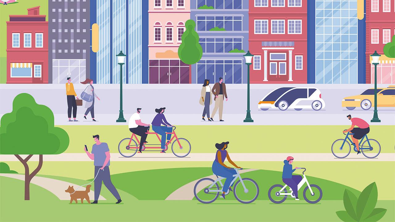 Grafik mit Fußgängern, Fahrrradfahrern, Autos, eine Straße und Häusern, wimmelbildartig