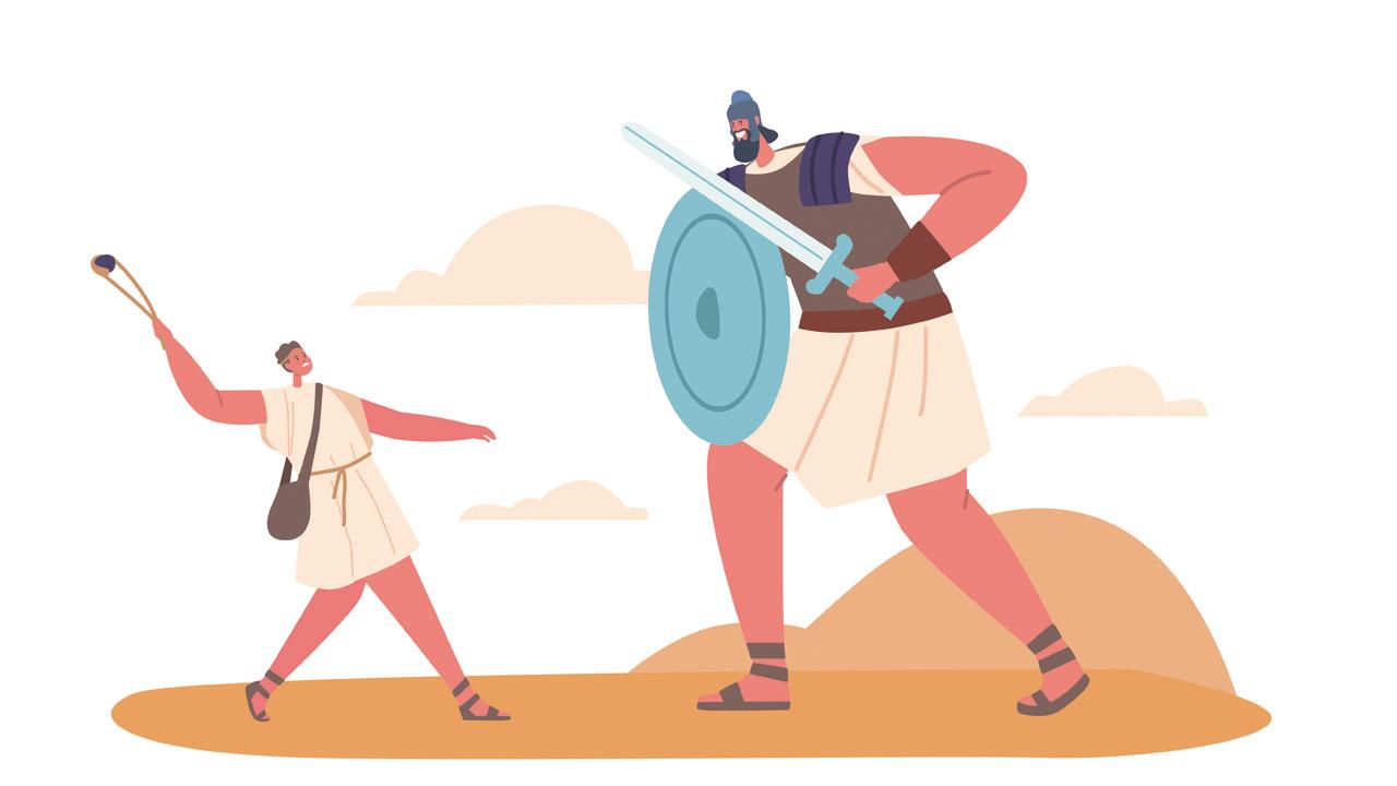 David mit der Steinschleuder vor Goliath, der mit einem Schild und Schwert bewaffnet ist