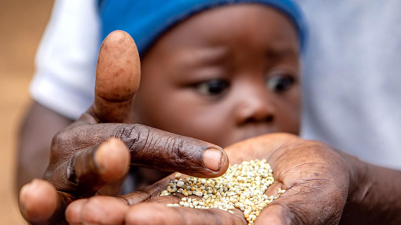 Mann mit Kind auf dem Schoß hat Getreidekörner in seiner Hand