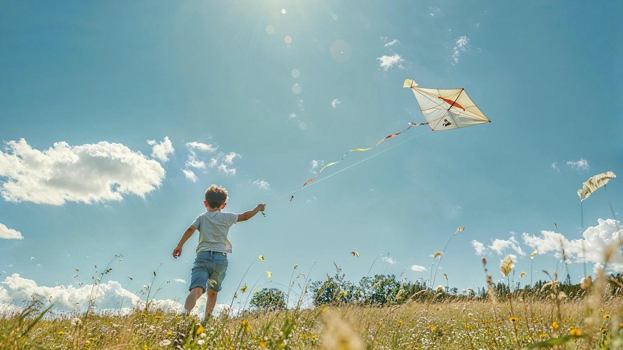 Ein Kind lässt auf einer Sommerwiese einen Drachen steigen.
