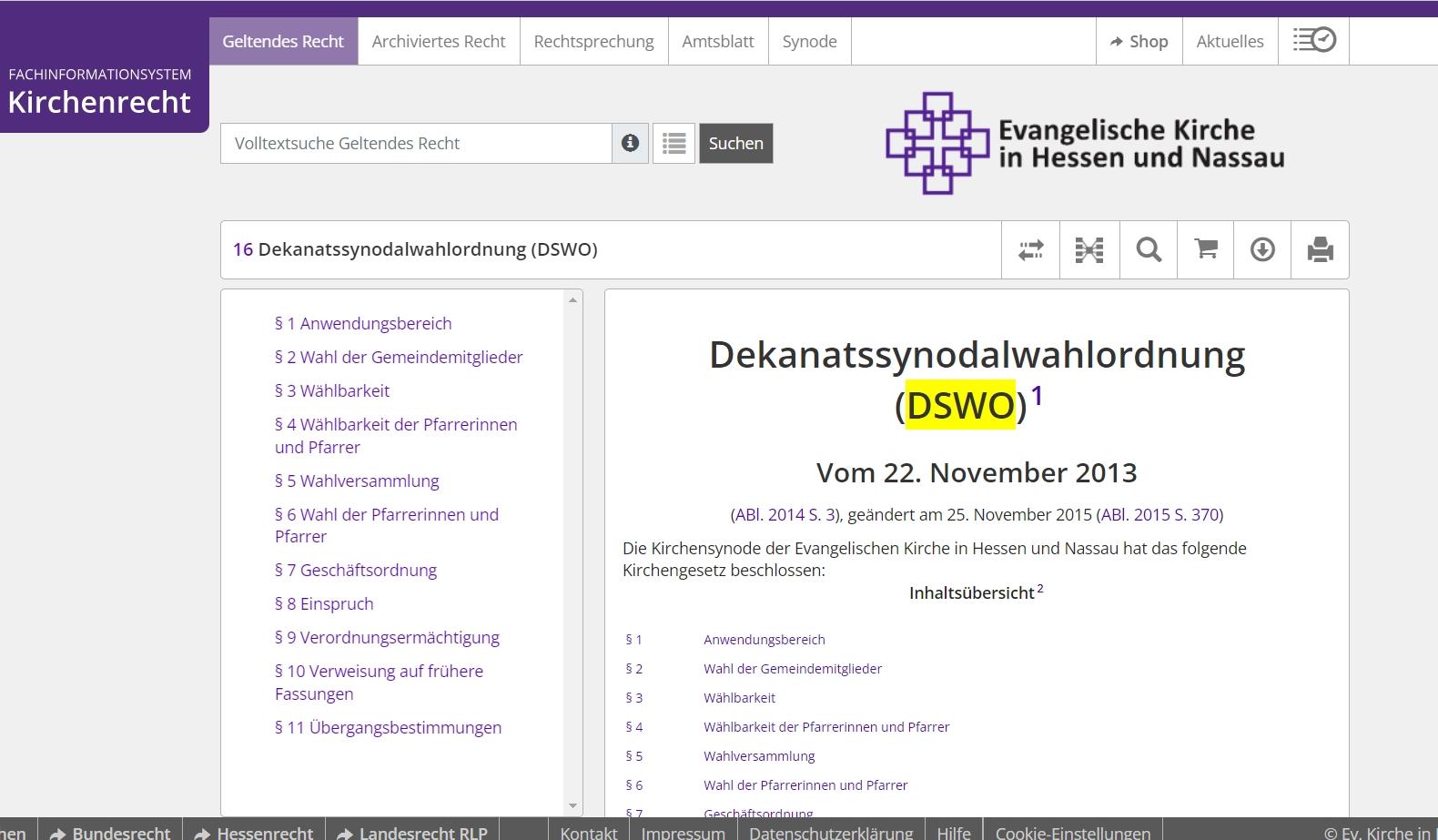 Das Foto zeigt den Beginn des Gesetzestextes der EKHN-Dekanatssynodalwahlordnung im Internet.