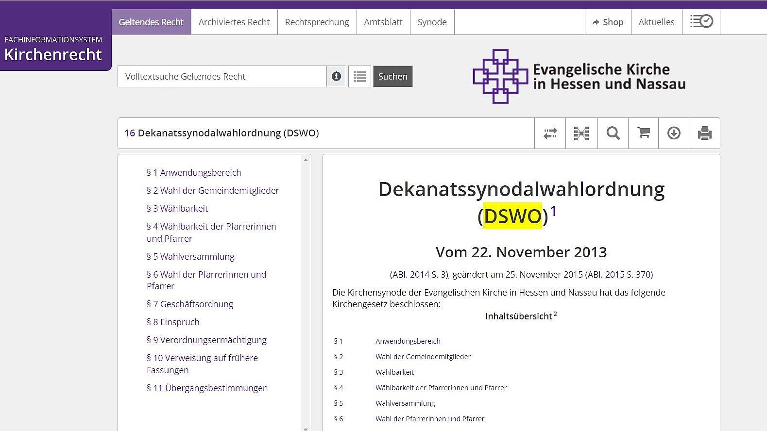 Das Foto zeigt den Beginn des Gesetzestextes der EKHN-Dekanatssynodalwahlordnung im Internet.