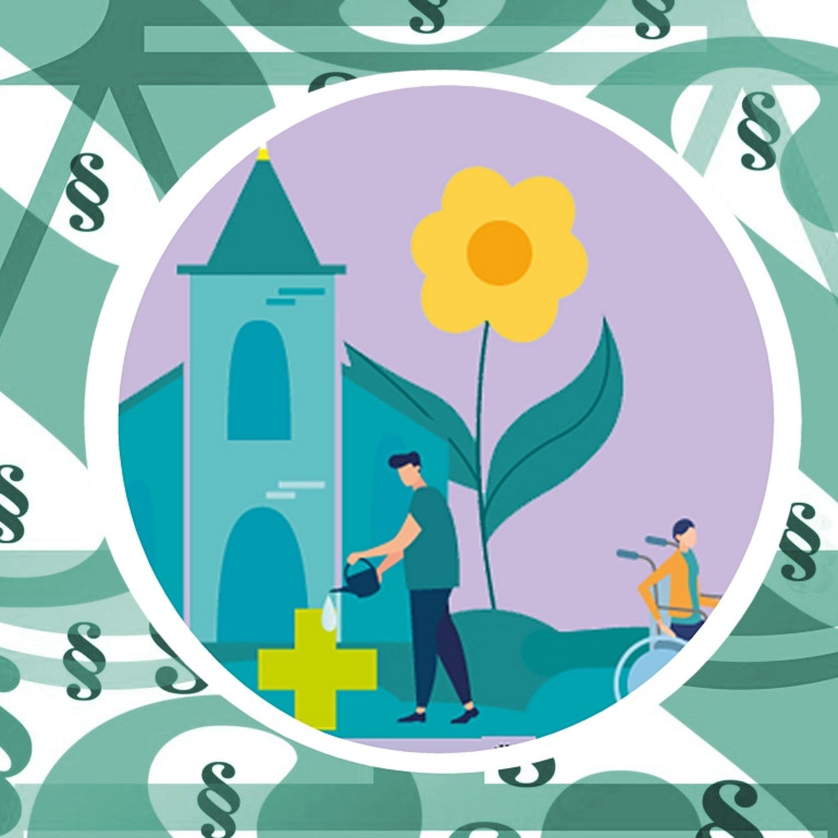 Illustration mit Kirche, jemand gießt ein Wahlkreuz