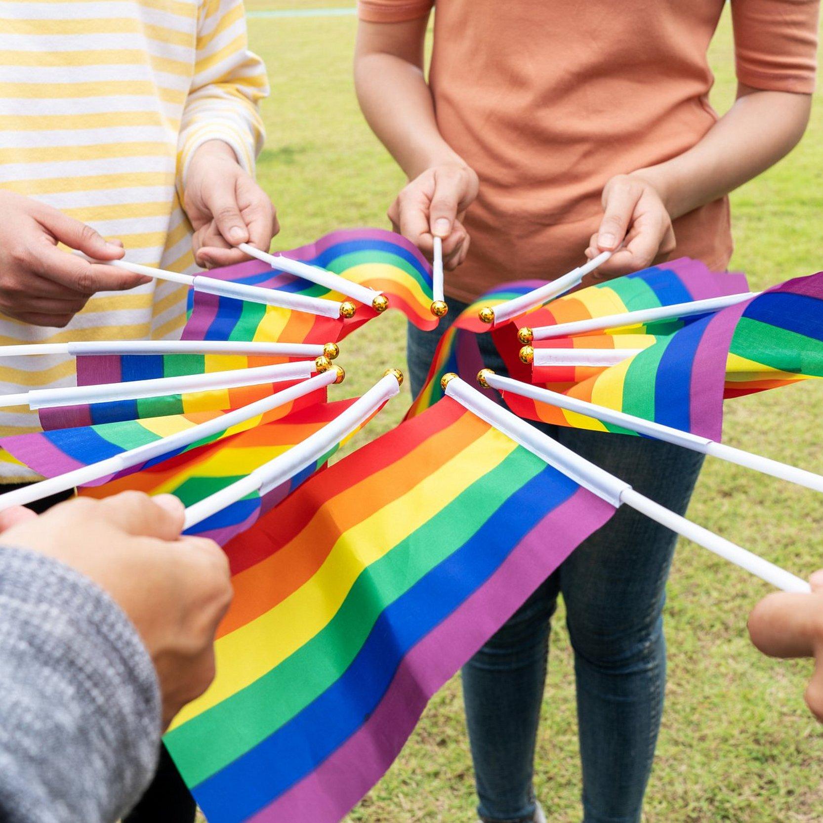 Hände halten Fähnchen mit Regenbogenfarben