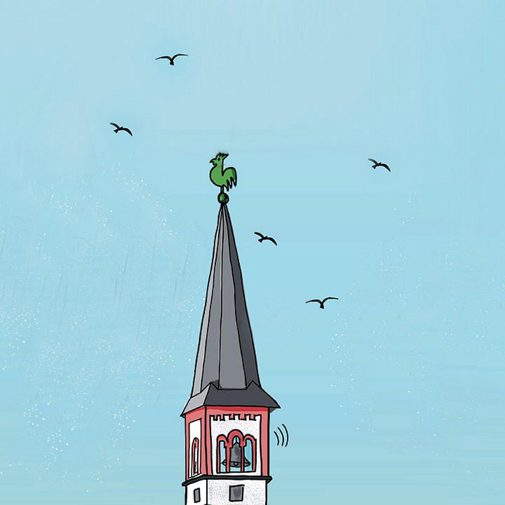 Zeichnung eines Kirchturmes mit Himmel und Vögeln