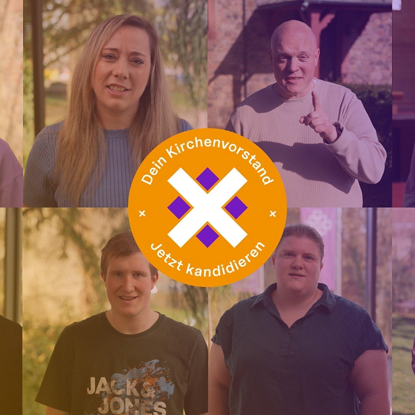 Collage aus acht Porträts unterschiedlicher Menschen; in der Mitte ein rundes Symbol mit dem Text „Dein Kirchenvorstand – Jetzt kandidieren“.