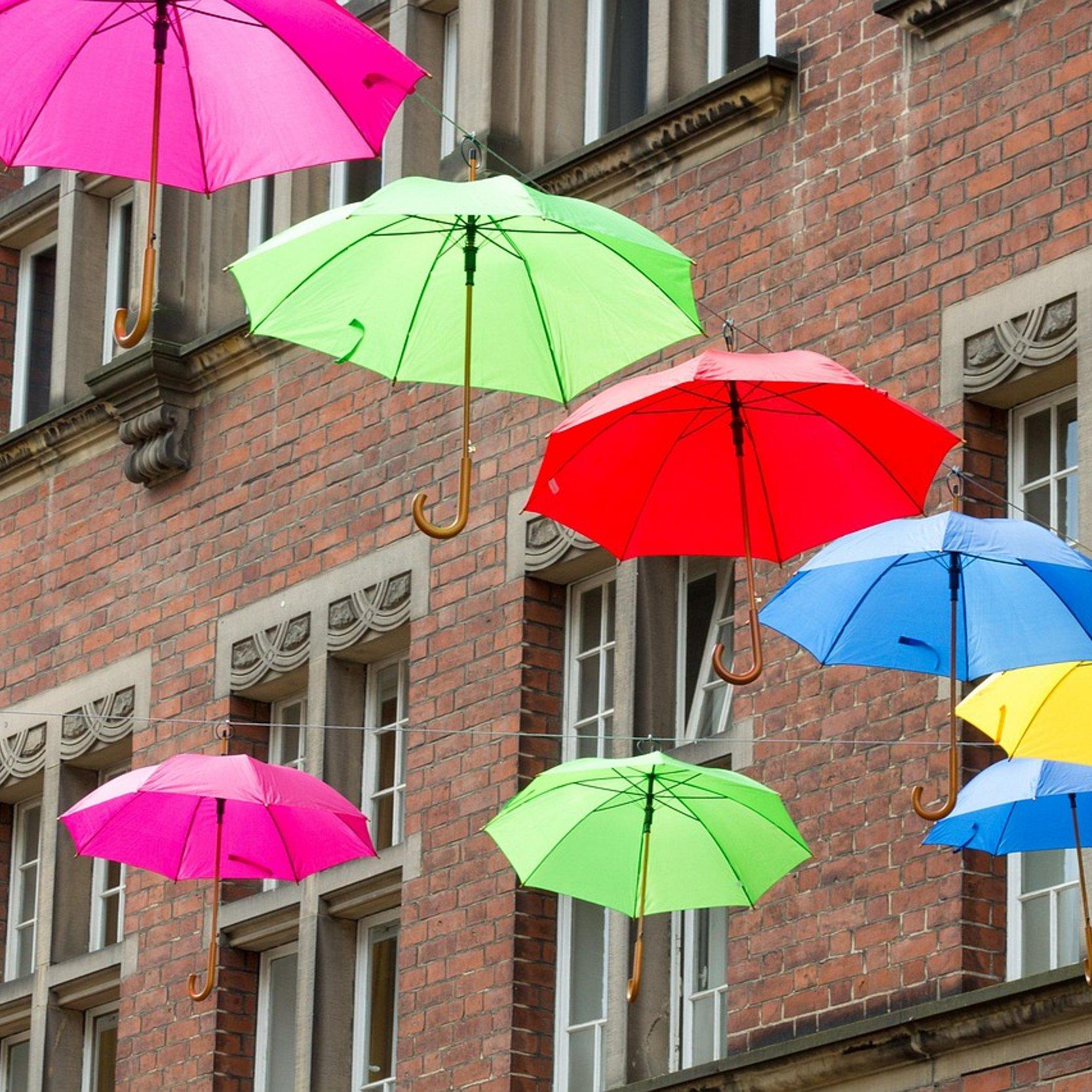 Bunte Regenschirme, die an einer Leie aufgehängt sind