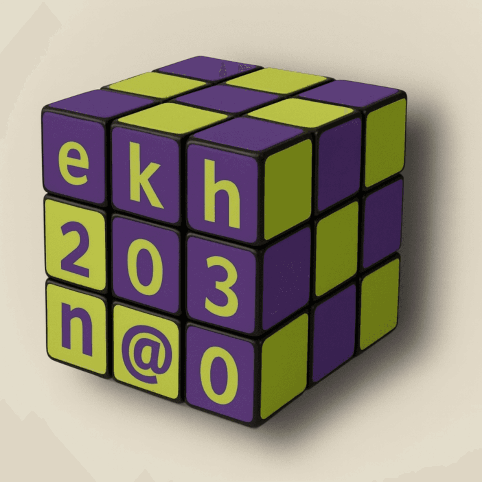 Zauberwürfel in den Farben Lila und Grün mit den Buchstaben e k h n 2 0 3 0 und einen @