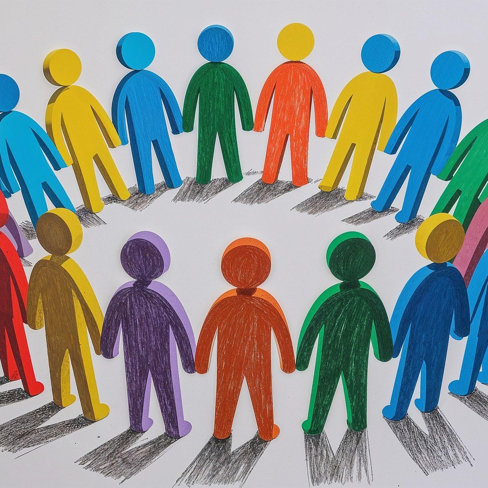 Bunte, stilisierte Papierfiguren von Menschen in verschiedenen Farben stehen im Kreis und halten sich an den Händen, symbolisieren Gemeinschaft, Vielfalt und Zusammenhalt auf hellem Hintergrund.