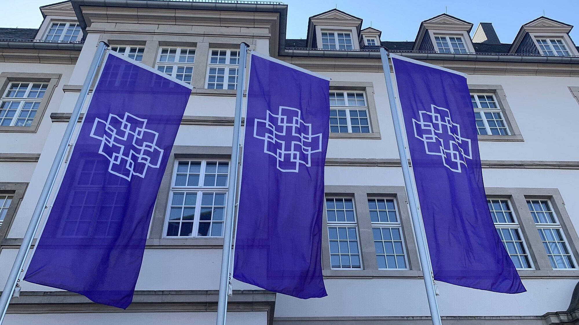 Drei lila Flaggen mit dem Facettenkreuz vor einem Gebäude