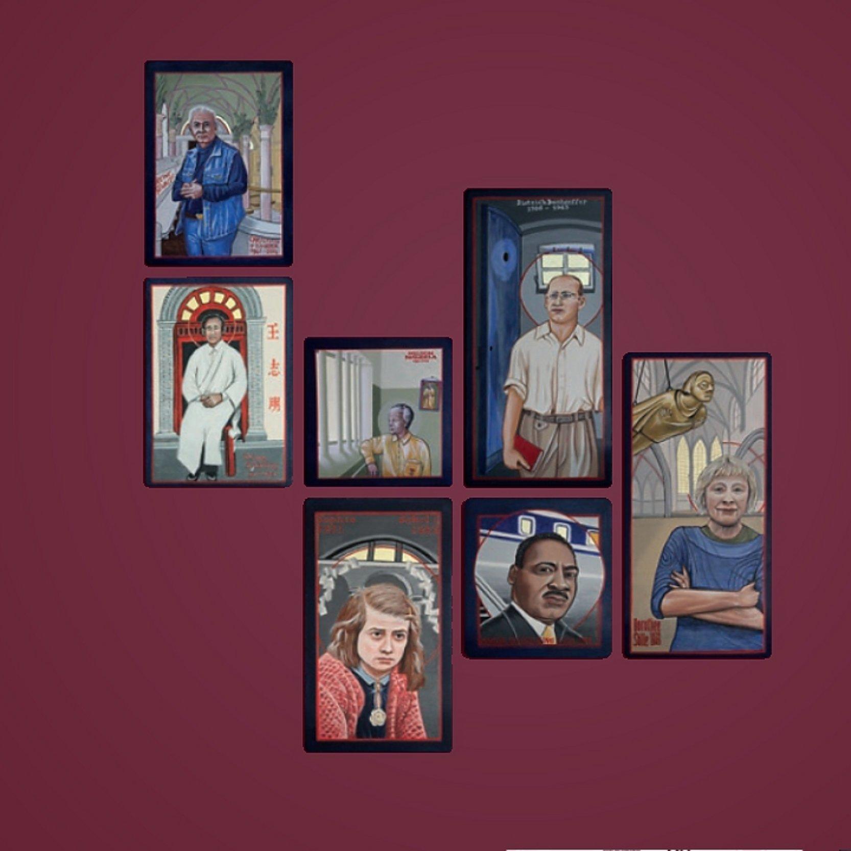 Collage aus ikonenartigen Portraits von Nelson Mandela, Sophie Scholl, Dietrich Bonhoeffer, Christian Führer, Wang Xhi Ming, Martin Luther King, Dorothee Sölle