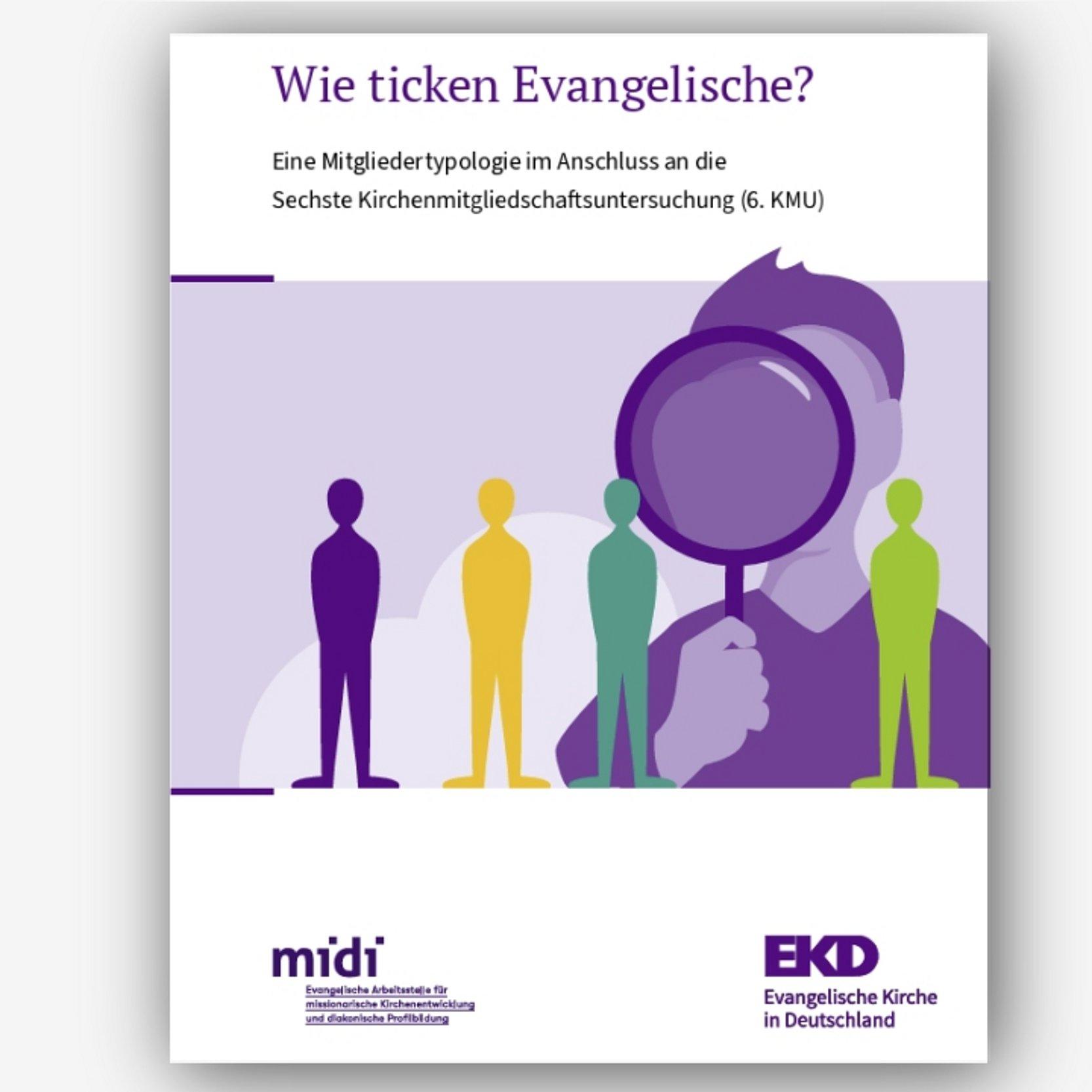 Zeichnung verschiedenfarbige Personen, jemand schaut durch eine Lupe