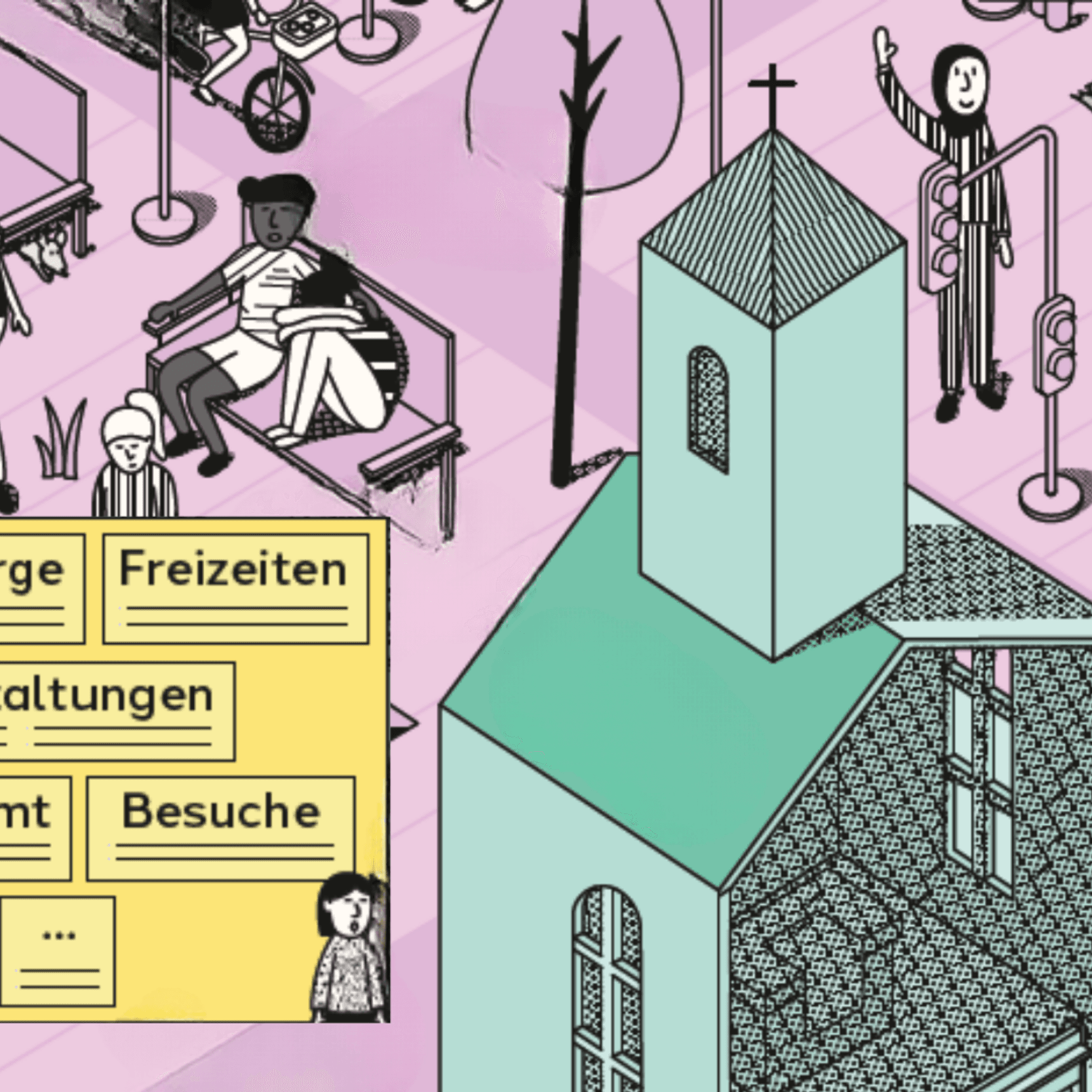 die Grafik zeigt eine Kirche in grünem Ton mit einem großen gelben Schild mit diversen Bereichen wie Ehrenamt, Seelsorge etc. Im rosafarbenen Hintergrund einige Personen -