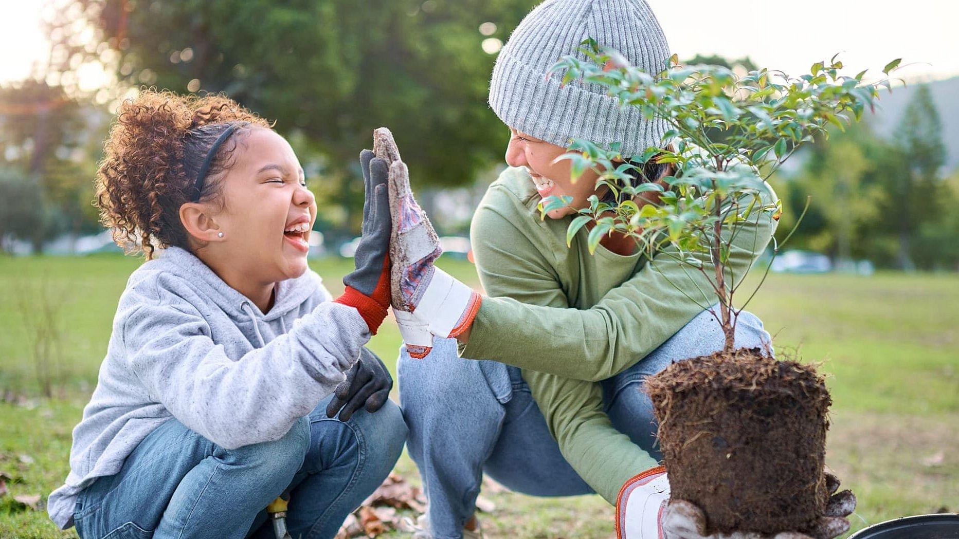 Ein Kind und eine Frau geben sich "high five" weil sie einen kleinen Baum einpflanzen wollen. Die Frau hält den kleinen Baum mit Wurzelballen in der rechten Hand und vor den beiden ist in der Erde ein Loch ausgehoben für den jungen Baum