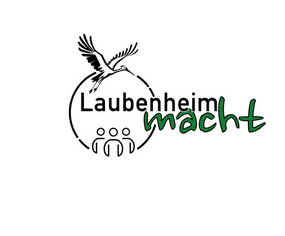Zeichnung mit fliegendem Storch über einen Kreis mit Silhouetten von Menschen. Mittendrin der Schriftzug "Laubenheim macht".