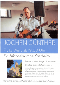 Das Plakat kündigt das Konzert von Jochen Günther in der Evangelischen Michaelskirche an.
