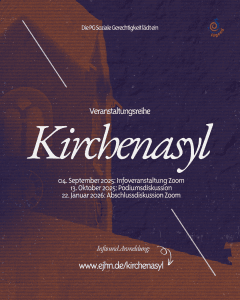 Es ist eine Kirche im Hintergrund zu sehen. Davor ein Schriftzug mit "Kirchenasyl"
