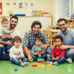 Drei Väter mit vier Kleinkindern in einem Raum. Bausteine im Vordergrund, Sitzgruppe und Schrank mit Spielsachen im Hintergrund.