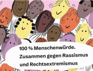 Grafik mit Gesichtern von Menschen und der Slogan 100 Prozent Menschenwürde