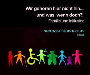 Bunte Gruppe von Menschen mit Handycap auf schwarzem Hintergrund. Titel, Datum und Uhrzeit der Veranstaltung