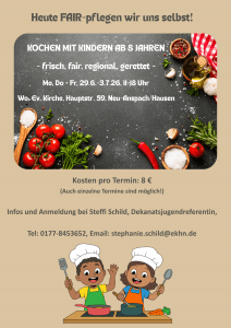 Plakat: „Heute FAIR-pflegen wir uns selbst!“, „KOCHEN MIT KINDERN AB 6 JAHREN. Zwei Kinder in Kochoutfit rühren freudig in Töpfen. Im Hintergrund liegen frische Karotten.