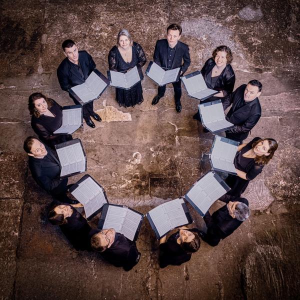 Blick von oben auf das Ensemble "Stile Antico", das mit aufgeschlagenen Noten im Kreis steht. Alle Sängerinnen und Sänger tragen schwarz und schauen nach oben. Der Fußboden ist ein brauner Steinboden.