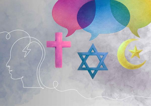 Drei bunte Sprechblasen über den Symbolen eines Kreuzes, Davidsterns und Halbmonds mit Stern vor grauem Hintergrund, verbunden mit einer weißen Linienzeichnung eines menschlichen Kopfprofils
