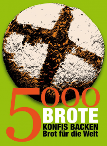 Das Bild zeigt das Logo der Aktion 5000 Brote auf grünem Hintergrund.