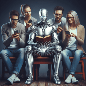 Vier Personen, die auf ihre Handys schauen, sitzen um einen lesenden Roboter.