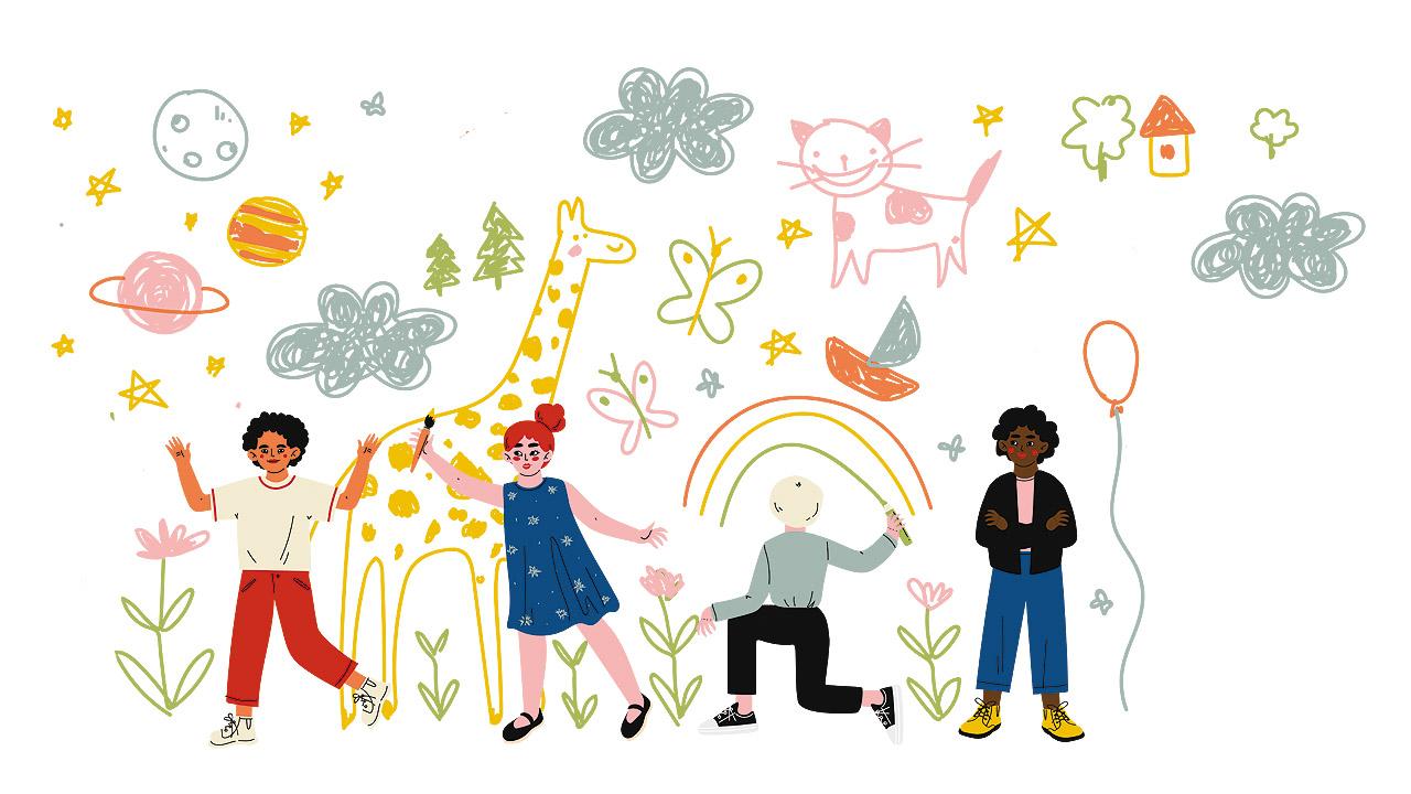 Kindheit Buntes gezeichnetes Bild mit verschiedenen Kindern, Regenbogen, Schmetterlingen, etc