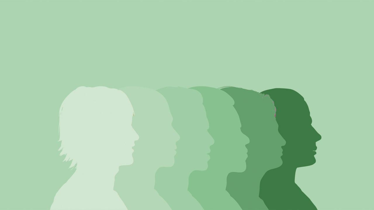 Unabhängige Regionale Aufarbeitungskommissionen Grafik mit Gesichtern im Profil, in grünen Schattierungen
