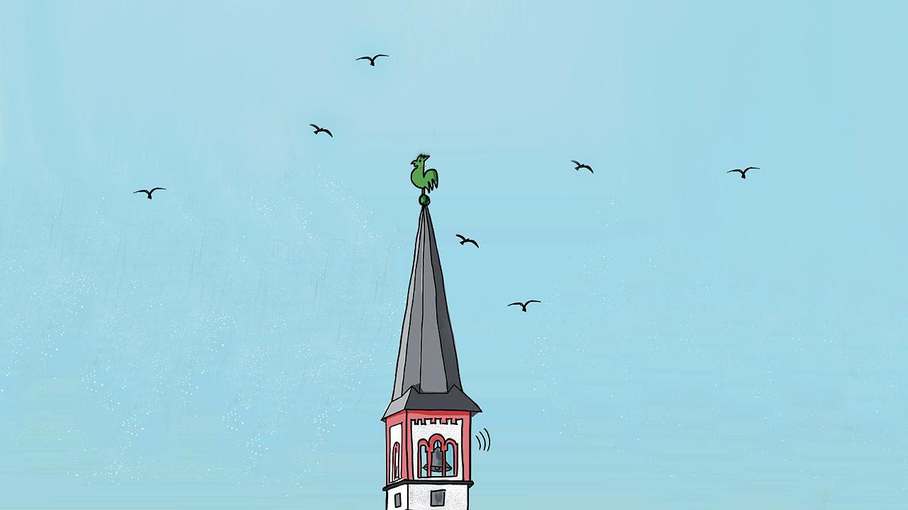 Zeichnung eines Kirchturmes mit Himmel und Vögeln