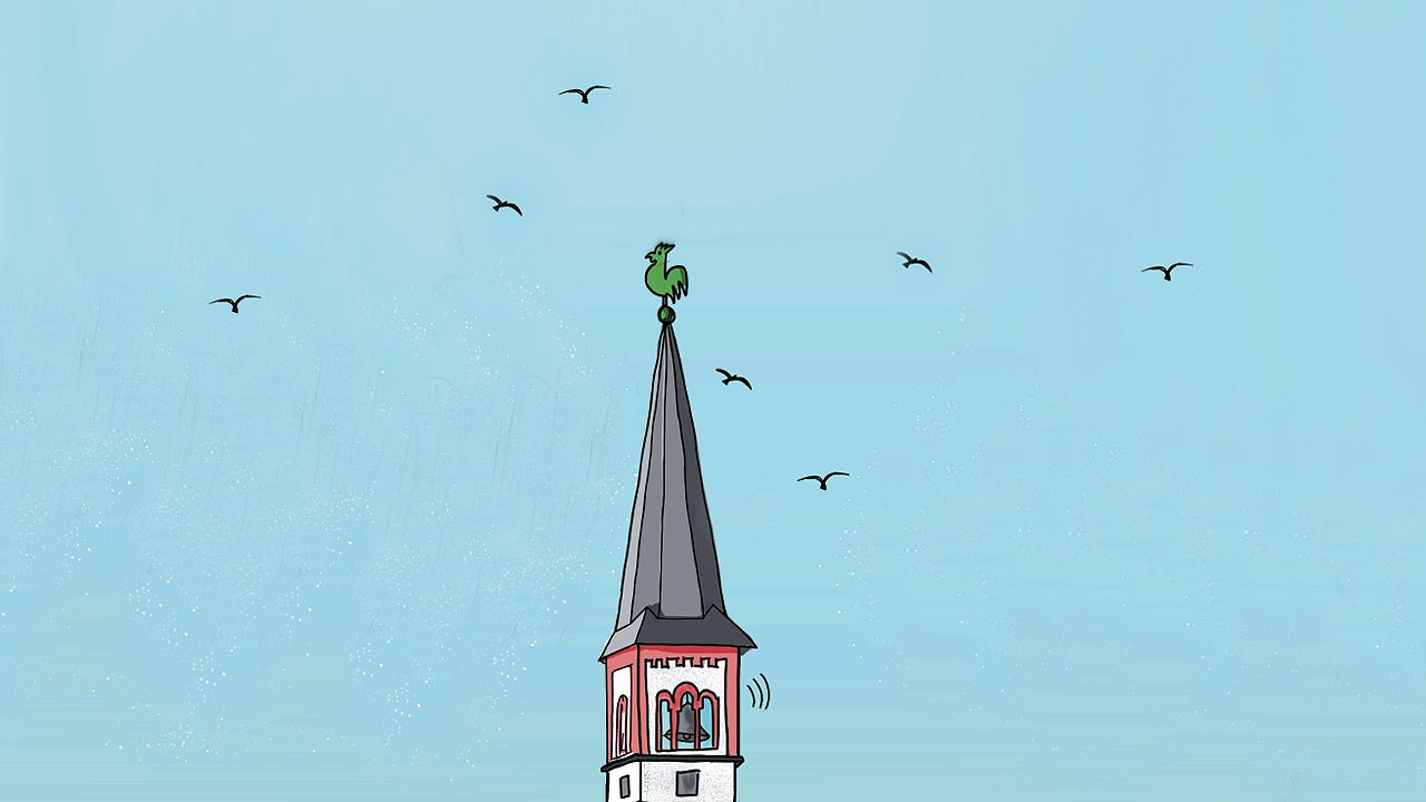 Kirche und Klimaschutz Zeichnung eines Kirchturmes mit Himmel und Vögeln