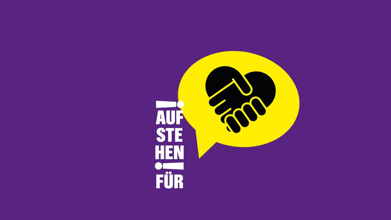 Aufstehen für Logo aus Worten: Aufstehen für! mit gelber Sprechblase, auf der ein Händedruck zu sehen ist