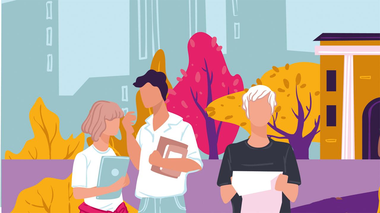 Studierende Grafik mit Studenten im Herbst auf einem Campus