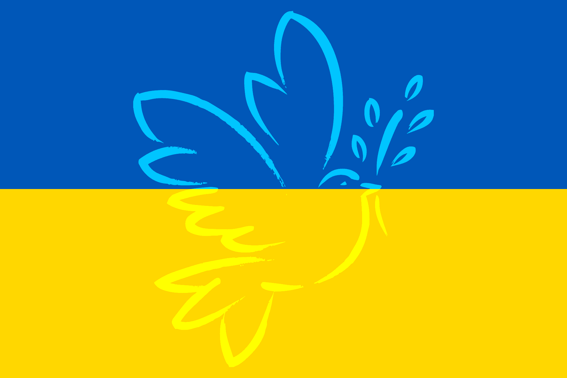 Im Hintergrund die Farben Blau und Gelb der Ukraineflagge, darauf eine Friedenstaube