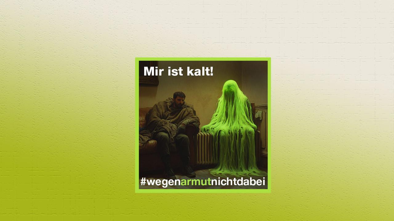 Armut im Winter Frierender Mann und ein giftgrünes Gespenst - Symbol für Armut