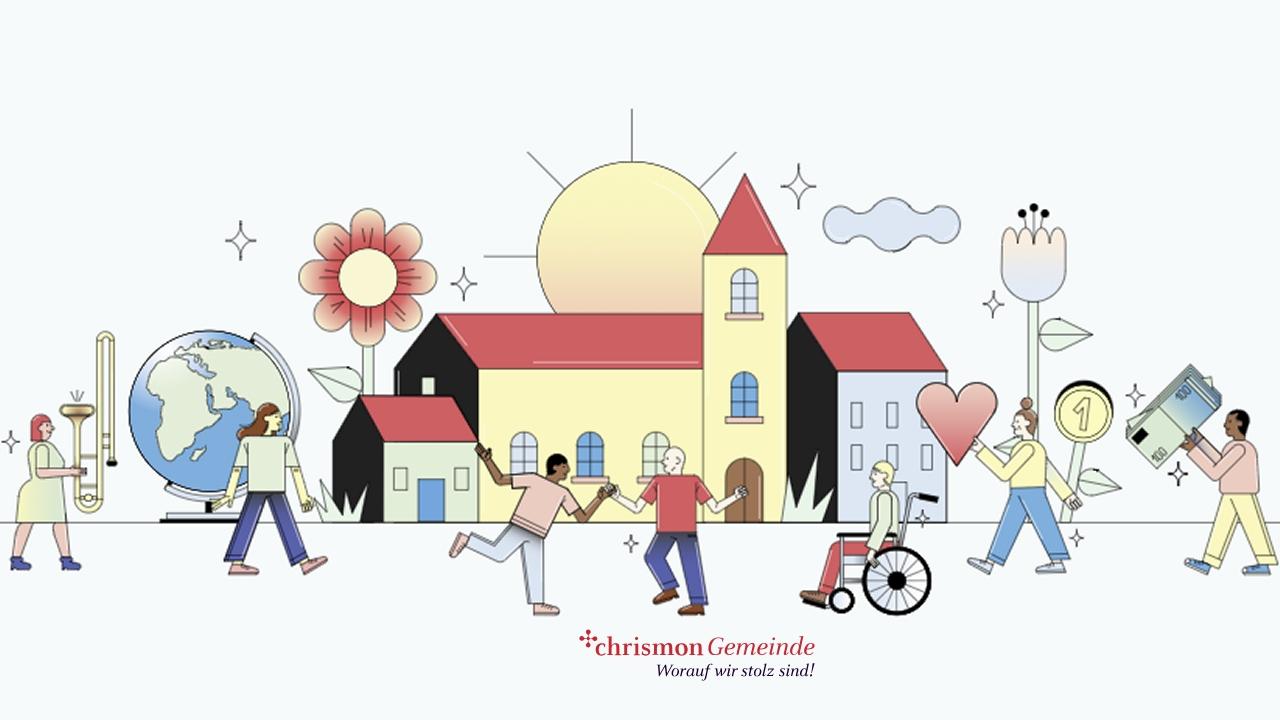 chrismon Gemeinde 2025 Zeichnung: Kirche im Dorf mit vielen Menschen
