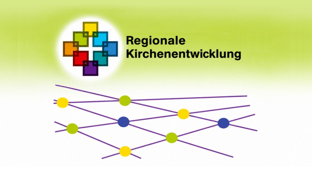 Logo Regionale Kirchenentwicklung Logo mit farbigem Facettenkreuz, darunter Vernetzungslinien