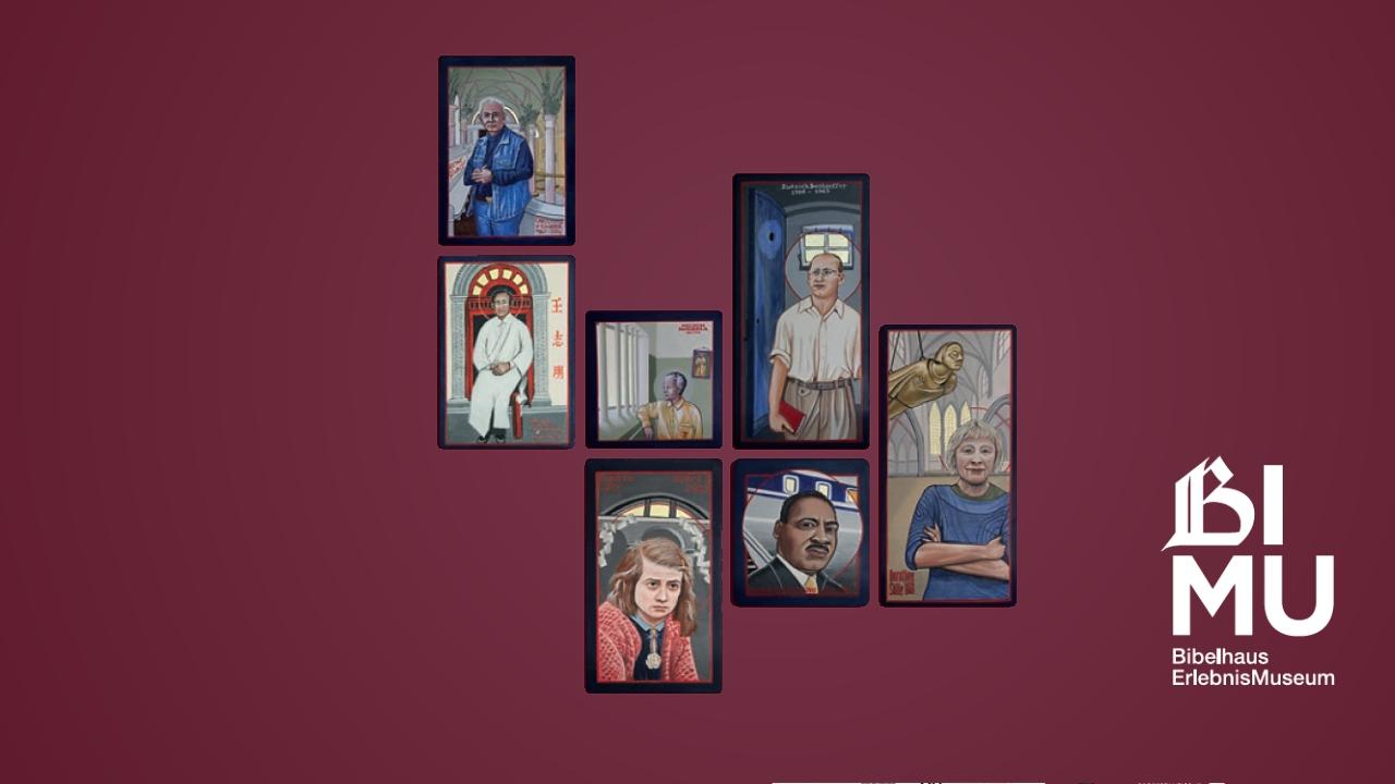 Protestantische Ikonen Bibelhaus Erlebnis Museum 2025 Collage aus ikonenartigen Portraits von Nelson Mandela, Sophie Scholl, Dietrich Bonhoeffer, Christian Führer, Wang Xhi Ming, Martin Luther King, Dorothee Sölle