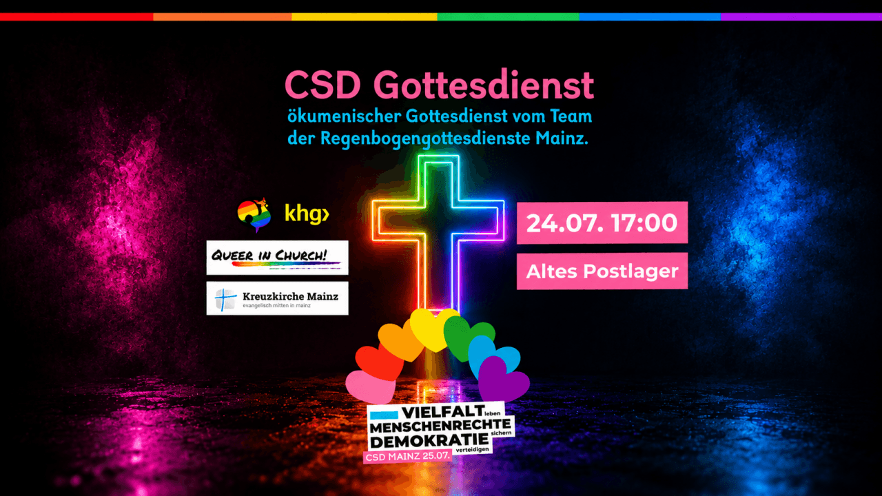 Regenbogenkreuz mit Veranstaltungshinweisen