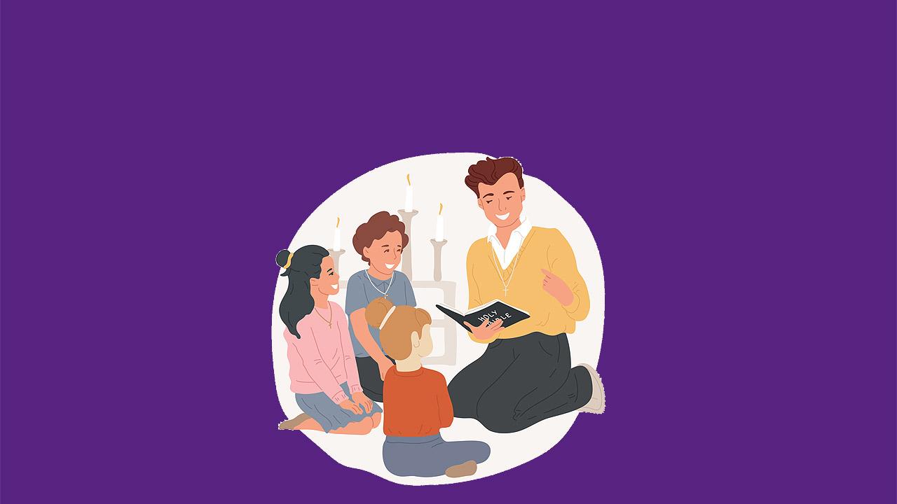 Kindergottesdienst Kinder sitzen um einen jungen Mann herum