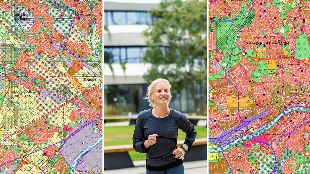 Regionalplan Südhessen Joggende Frau in einer städtischen Umgebung, auch Bäume sind zu sehen