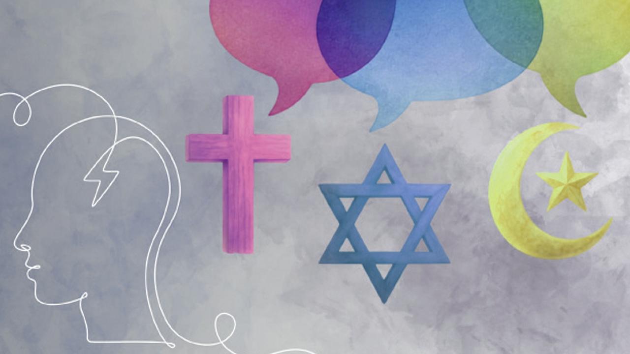 Dialog der Religionen Grafik mit Symbolen für Judentum, Christentum und Islam vor einem grauen Hintergrund. Zu sehen sind ein Davidstern, ein christliches Kreuz und eine Mondsichel mit Stern. Darüber befinden sich farbige Sprechblasen; links ist der Umriss eines Kopfes mit einem Blitzsymbol dargestellt.