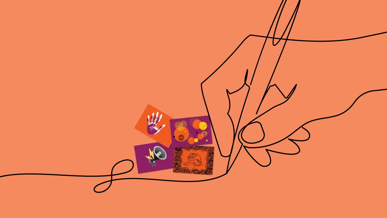 Postkarten-Aktion Orange Days Line-Zeichnung einer schreibenden Hand und Postkarten