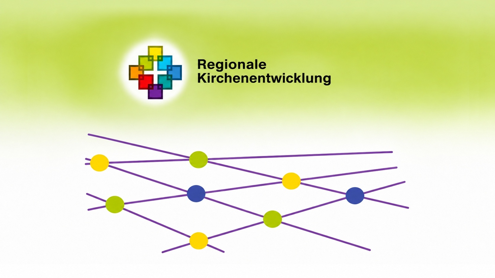 Logo Regionale Kirchenentwicklung Logo mit farbigem Facettenkreuz, darunter Vernetzungslinien